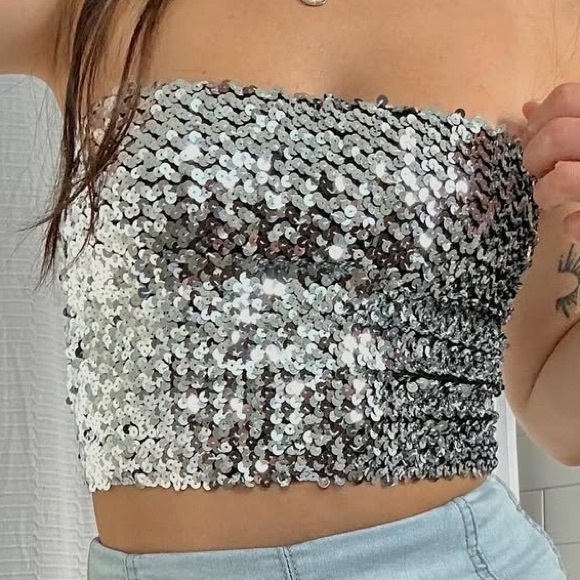 PINK Victoria's Secret Tops - PINK Victoria's Secret Silver Sequin Tube Top